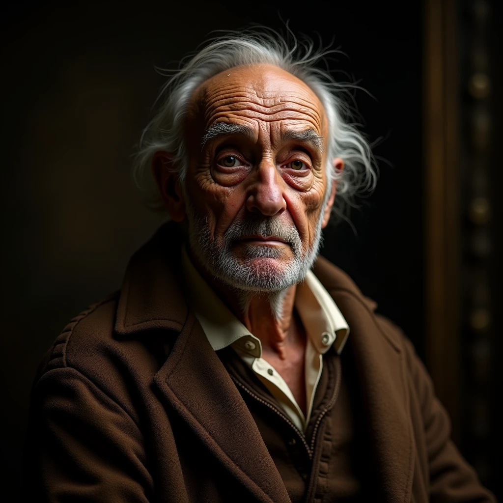 a realistic portrait of an elderly Leonardo Da Vinci looking straight ahead, cinematic scene, (best quality,4k,8k,highres,masterpiece:1.2),ultra-detailed,(realistic,photorealistic,photo-realistic:1.37),dramatic lighting,chiaroscuro,dramatic pose,expressive face,penetrating gaze,wrinkled skin,textured clothing,renaissance era,classical painting