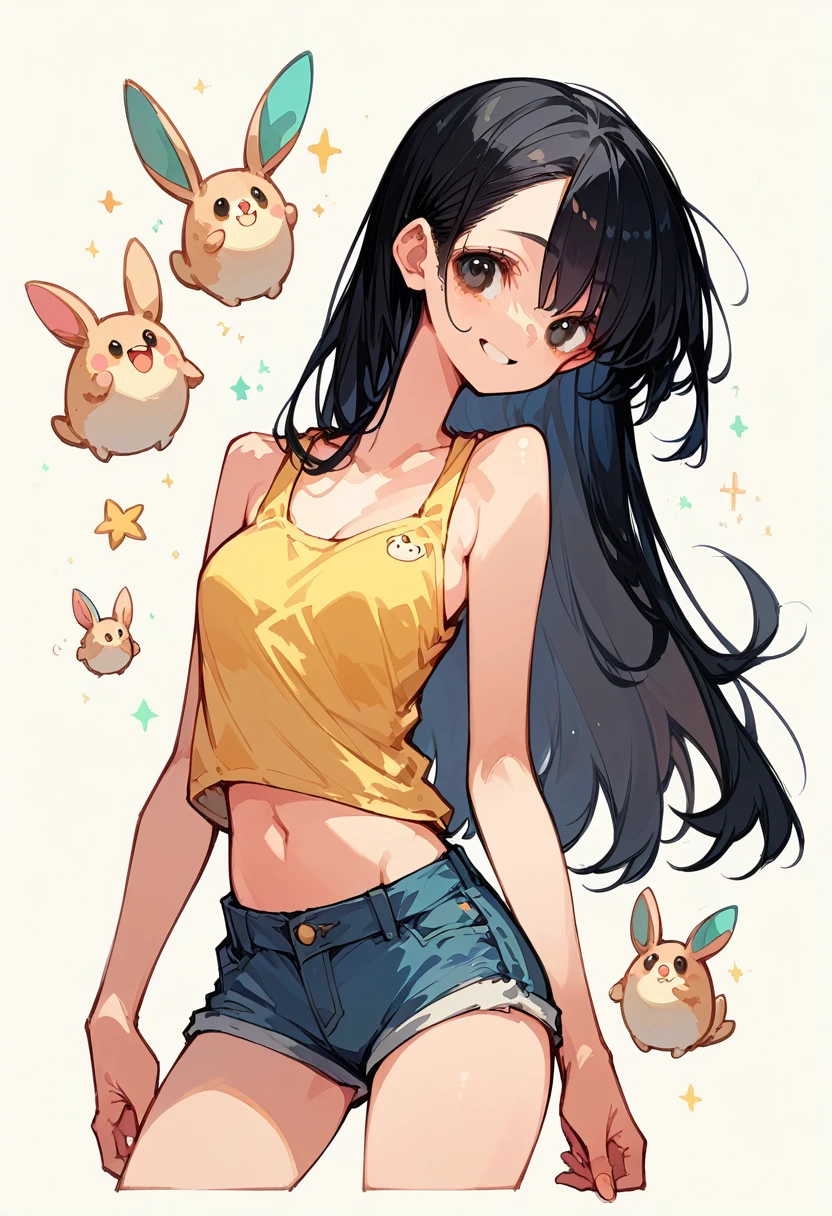 Manga Style：Japanese：３０generation：Shortcuts：smile：Denim shorts：Yellow Tank Top：whole body：Tilt your head a little：No background：Black Hair