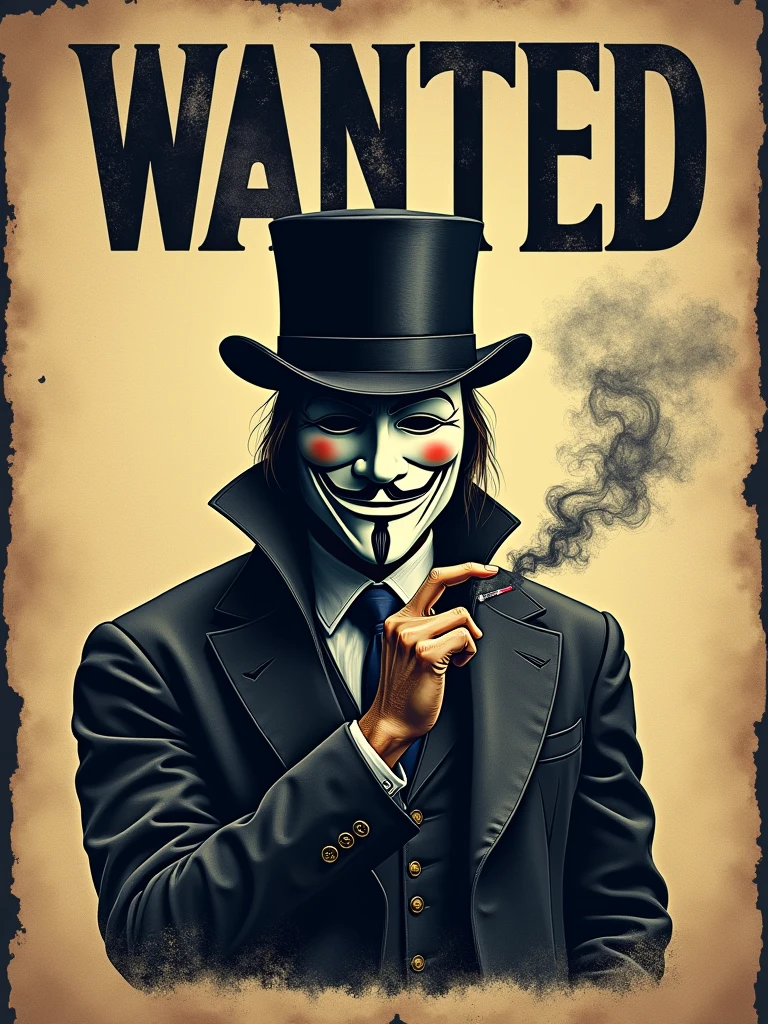 A handbill of a man wearing a Guy Fawkes mask,a top hat while smoking, and it says Mnever More
