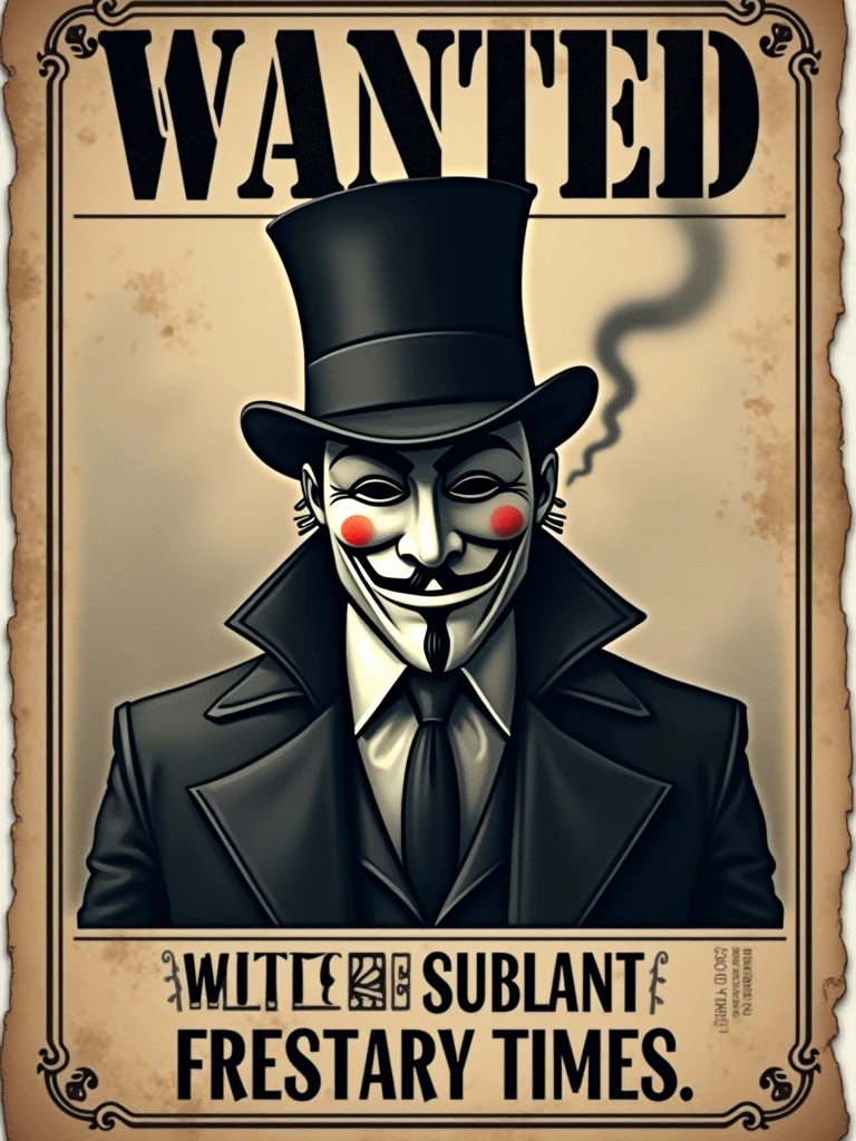 A handbill of a man wearing a Guy Fawkes mask,a top hat while smoking, and it says WANTED