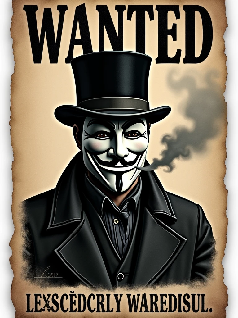 A handbill of a man wearing a Guy Fawkes mask,a top hat while smoking, and it says WANTED