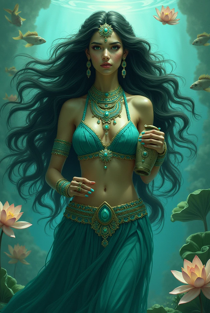 Chalchiuhtlicue is the Aztec goddess of water, The beauty, youth and fertility. To represent her, I would imagine a female figure with elements that reflect her connection with water and nature.. Some details I would include are:

- A young and beautiful woman with watery green skin, symbol of their connection to water.
- Long, wavy hair like the waves of the sea.
- A teal dress that resembles the waters of a river or lake.
- Necklaces and ornaments that represent water drops, like jade or turquoise.
- In the hand, a jug or vase that symbolizes her role as a provider of water and fertility.
- Around you, natural elements such as lotus flowers, algae or fish that highlight their connection with water.

This representation combines traditional Aztec elements with a modern and artistic vision., destacando The beauty y la importancia de Chalchiuhtlicue en la mitología azteca.
