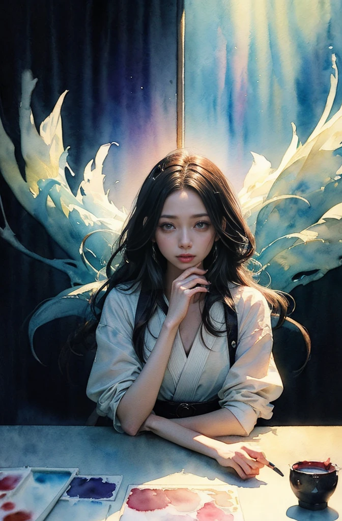 (Tabletop, Highest qualityの, Highest quality, Official Art, (beautifully、aesthetic:1.4), (Watercolor:1.4) ), (Izanami 1.5), 日本のgod話の女god, Majestic beauty, 創造の女god、生命の女god、Typically、((((Typically))))、Reincarnation Support, god'Grace, Gentle and meditative expressions, Flowing, celestial garments, Shine、Created all the landscapes and worlds on Earth, A dazzling dance of light, Whispers of Ancient Legends,Hands below chest level,The hair is a little shorter