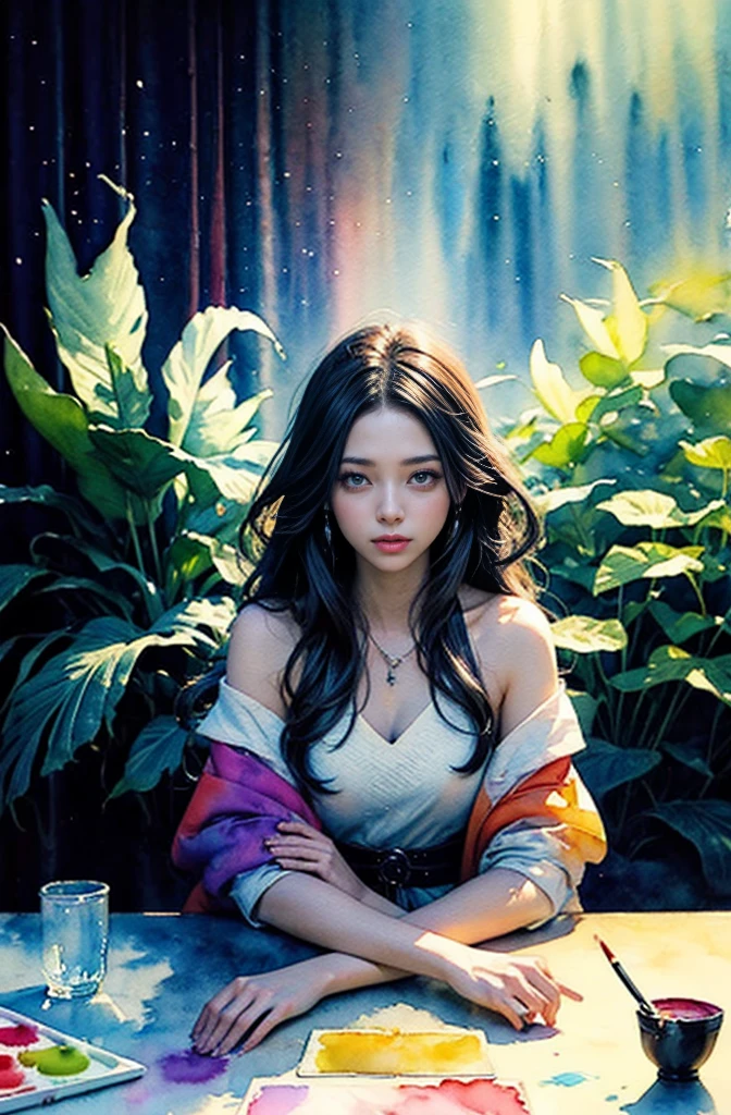 (Tabletop, Highest qualityの, Highest quality, Official Art, (beautifully、aesthetic:1.4), (Watercolor:1.4) ), (Izanami 1.5), 日本のgod話の女god, Majestic beauty, 創造の女god、生命の女god、Typically、((((Typically))))、Reincarnation Support, god'Grace, Gentle and meditative expressions, Flowing, celestial garments, Shine、Created all the landscapes and worlds on Earth, A dazzling dance of light, Whispers of Ancient Legends,Hands below chest level,The hair is a little shorter