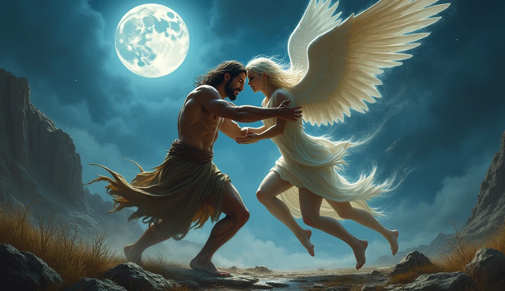 depicting the dramatic encounter between Jacob and the Angel. It captures the intense struggle under the moonlit night.