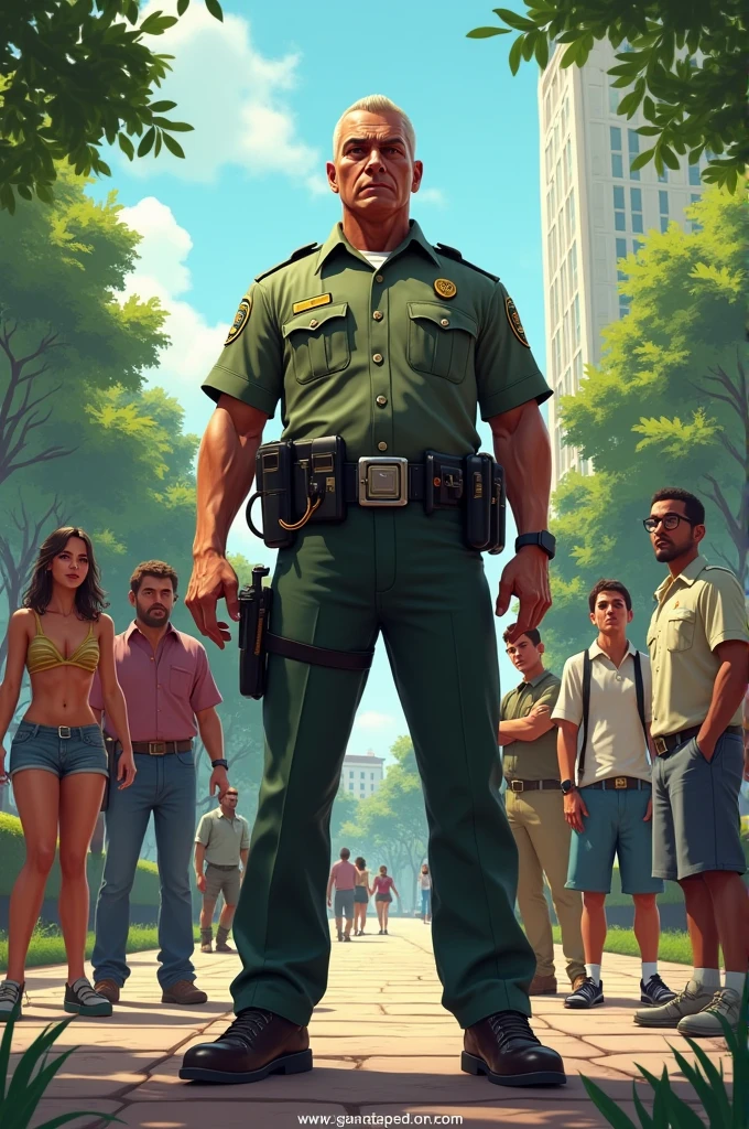 I need a picture of a park ranger with a belt that is a bomb around his stomach and some scared people next to him in the style of GTA