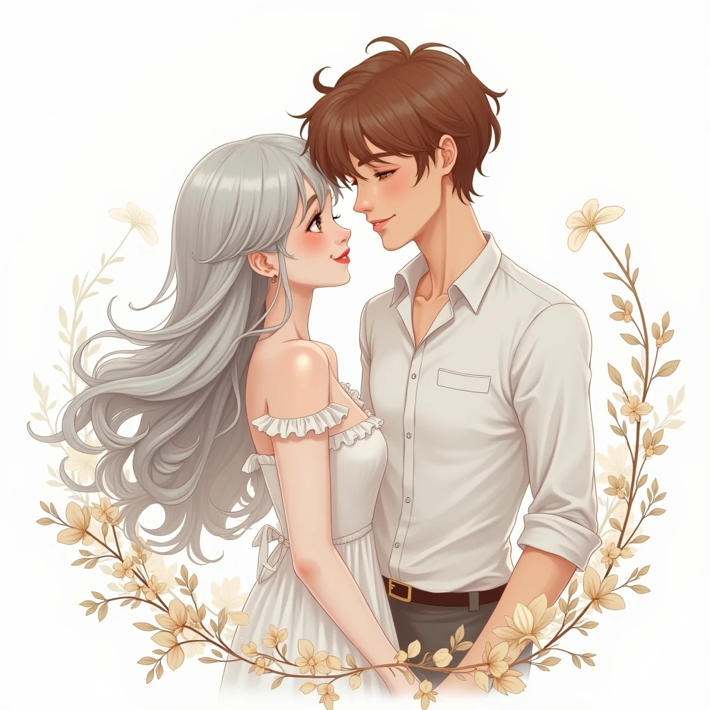 drawning, fancy, Young couple, she with silver hair, he has brown hair, on white background