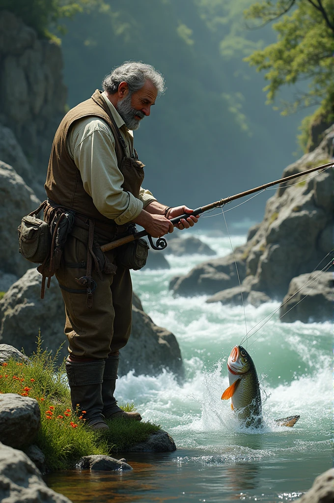 Create an image of a fisherman taking a fish out of the water with a background of rocks and a river