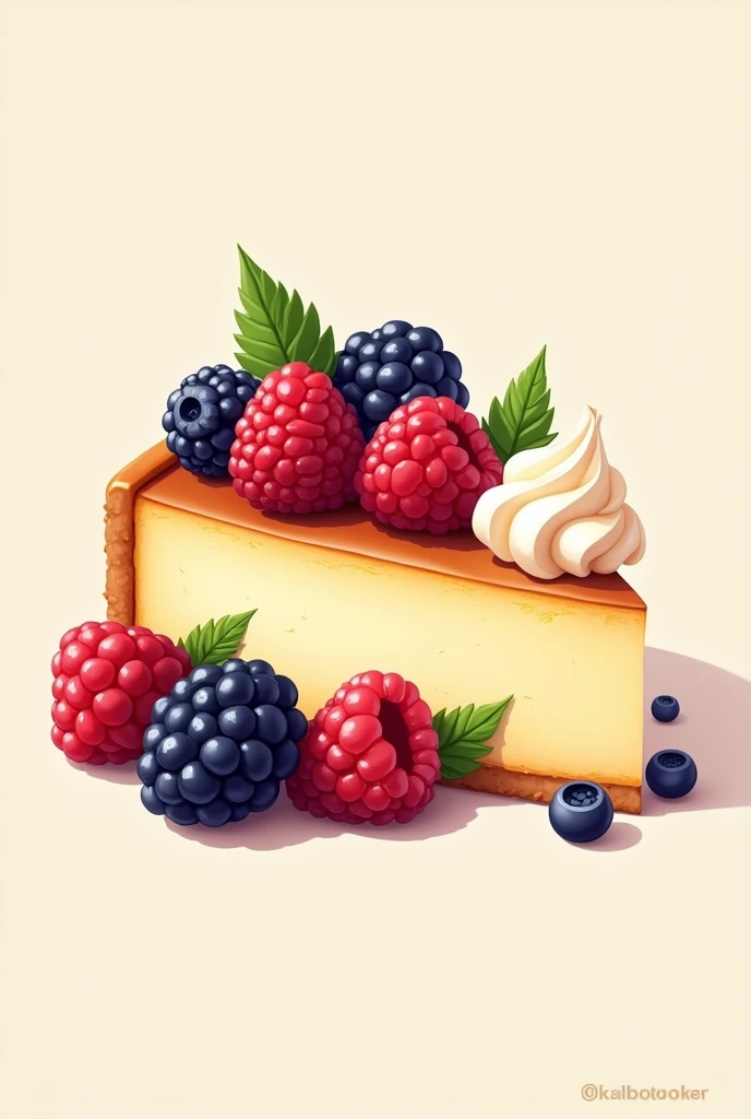 Cheesecake pastry logo with blackberries, blueberries and raspberries, one slice with decoration on the other side