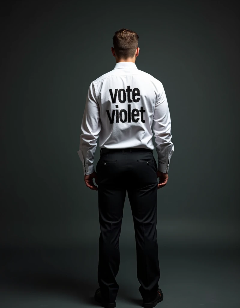 A full body picture of a man facing backwards wearing a white dress shirt, with "VOTE VIOLET" spray painted on his back, and black dress pants with dark background. Super clear and hdr.