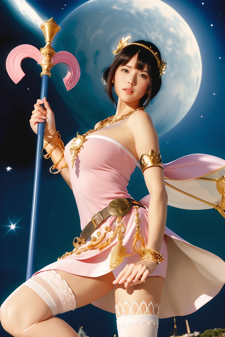 masterpiece, Highest quality, High resolution, hmpa1, pink, Parted bangs, Battle Tiara, Large Breasts, Golden Necklace, Exposing shoulders, Strapless Dress, Arm guard, belt, Blue Dress, White knee socks, Single knee socks, Outdoor, holding staff, staff, Hold a shield,Action pose