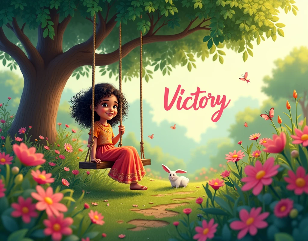 garden full of flowers,MANY SMALL ANIMALS,A TREE WITH A SWING ,AN INDIAN CHILD WITH CURLY HAIR IN A DRESS ON A SWING IN THE BACKGROUND ,THE NAME VICTORY IS WRITTEN IN THE BACKGROUND IN PINK COLOR