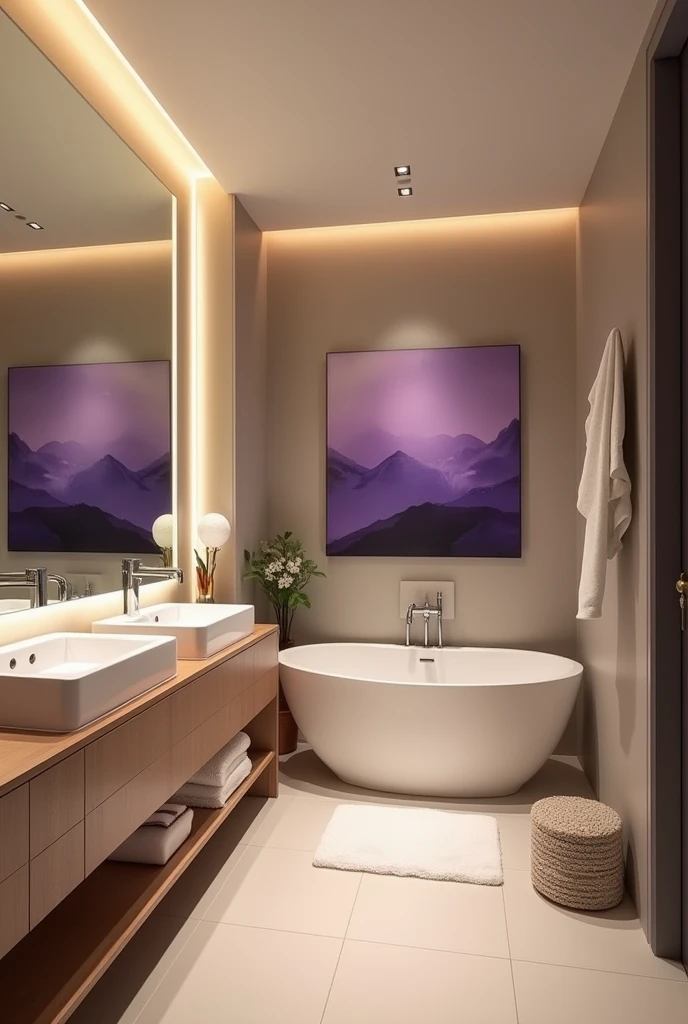 the bathroom items led lights , mirror big and painting small the bathroom painting purpule baño pintado de morado