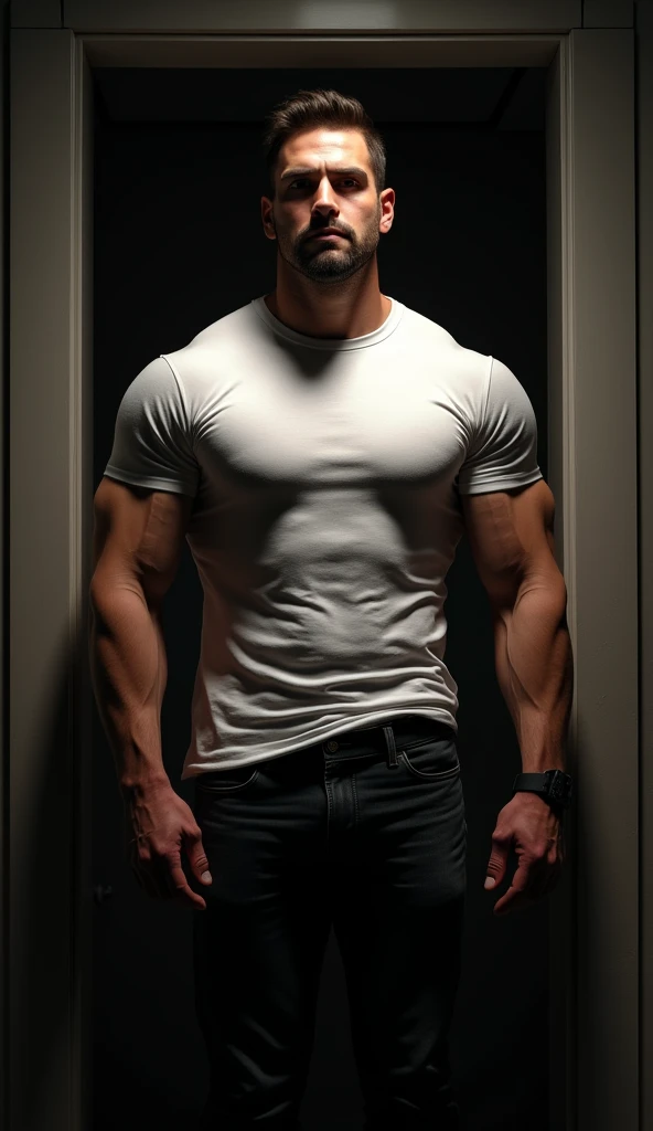 Portray a man, 20 year, Cao Cao, broadshouldered, Waist slender, excessively strong arms, shorth hair, very beautiful face, bodybuilder body, unshaven beard, square jaw, masculine, wide chin, expression is serious, straight gaze conveying severity, wearing a tight white t-shirt, black jeans pants, large bulge, The emphasis on overly muscular arms, partially on its side, narrative focus, decision scenario, Volumetric Light, standing leaning against a door frame at the entrance to a dark room