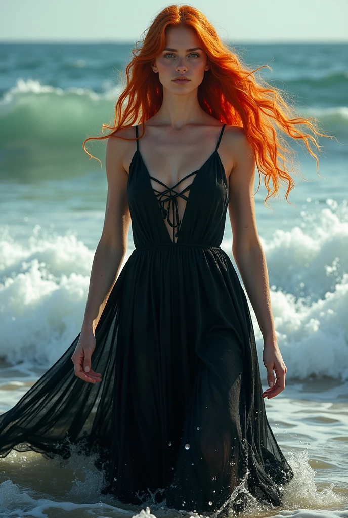 There is a woman in a black dress standing in the water, windy long red hair, royal photo shoot queen of the oceans, very long and loose red hair, coming out of the water, young red-haired girl in motion, In the sea, in shoulder-deep water, Breaking waves, coming out of the ocean, Her hair fluttering in the wind, wet skin and hair blown by the wind
