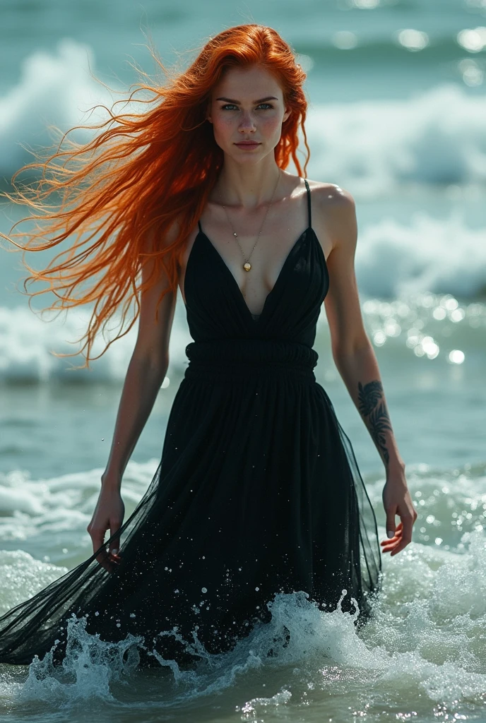 There is a woman in a black dress standing in the water, windy long red hair, royal photo shoot queen of the oceans, very long and loose red hair, coming out of the water, young red-haired girl in motion, In the sea, in shoulder-deep water, Breaking waves, coming out of the ocean, Her hair fluttering in the wind, wet skin and hair blown by the wind