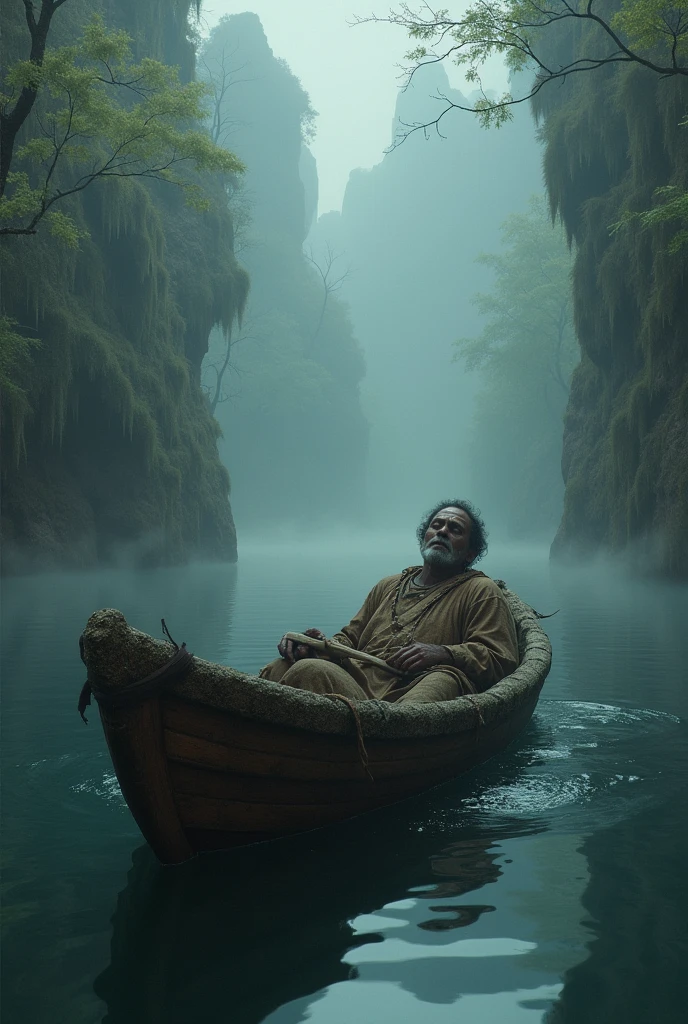 Dying peasant man inside an ancient flint-type boat traveling