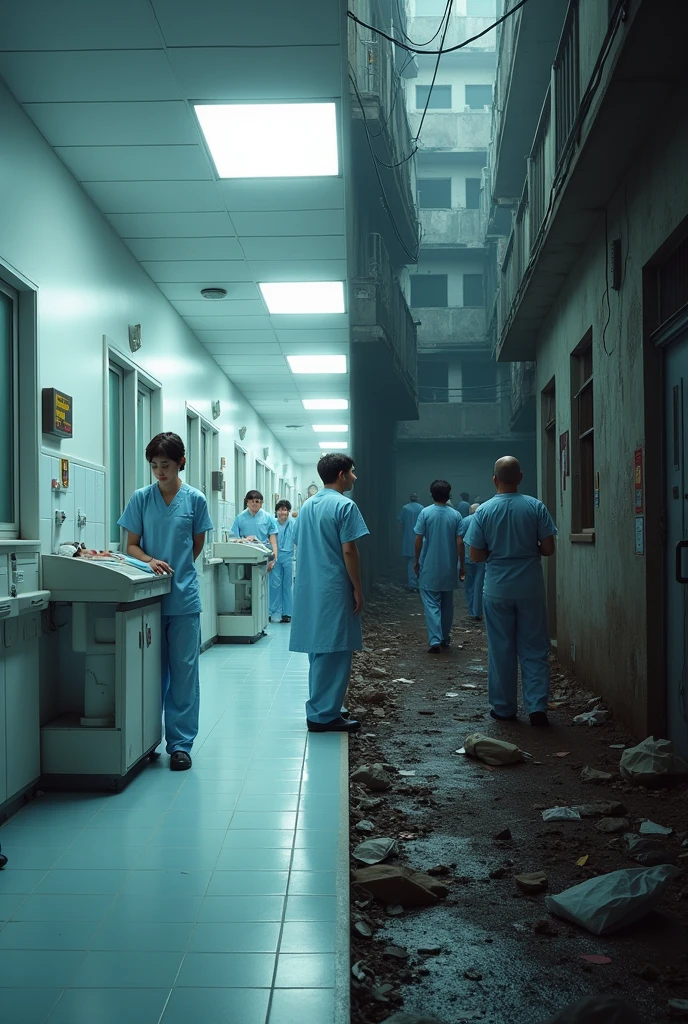 a clean, bright hospital contrasted with a dark, dirty environment filled with sick people