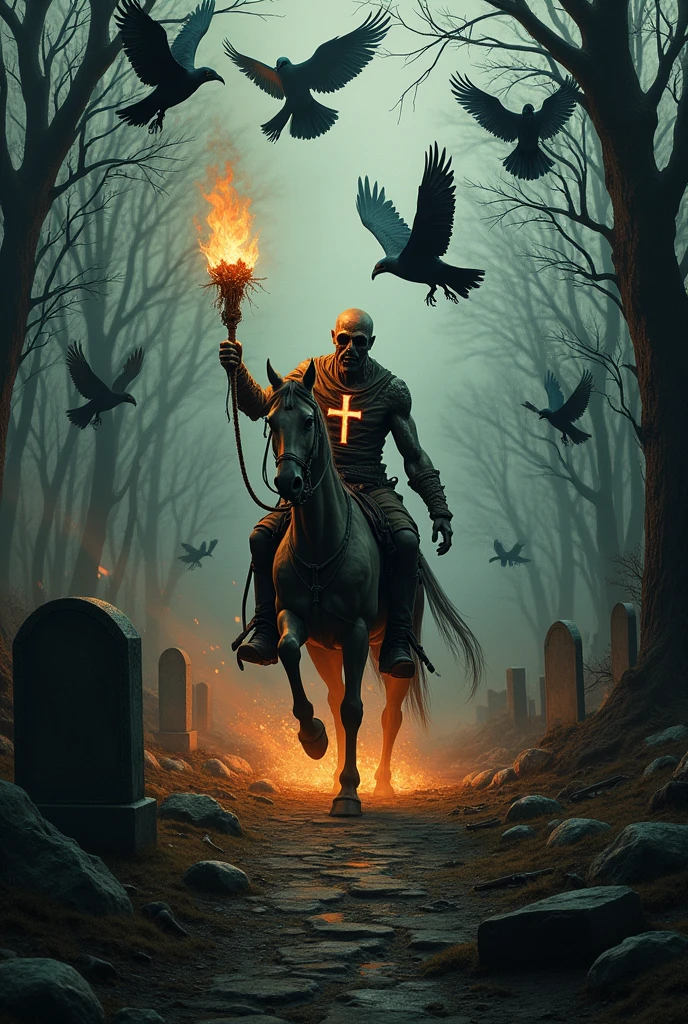 Decaying apocalyptic horseman wearing a torn black cloak setting fire to a graveyard with 7 vultures eating the rotting bodies flying around carrying a flaming inverted cross in a forest filled with dismembered and suffering bodies of priests . The horse steps on a burning cross that is almost destroyed in the middle of a rotten forest full of fog