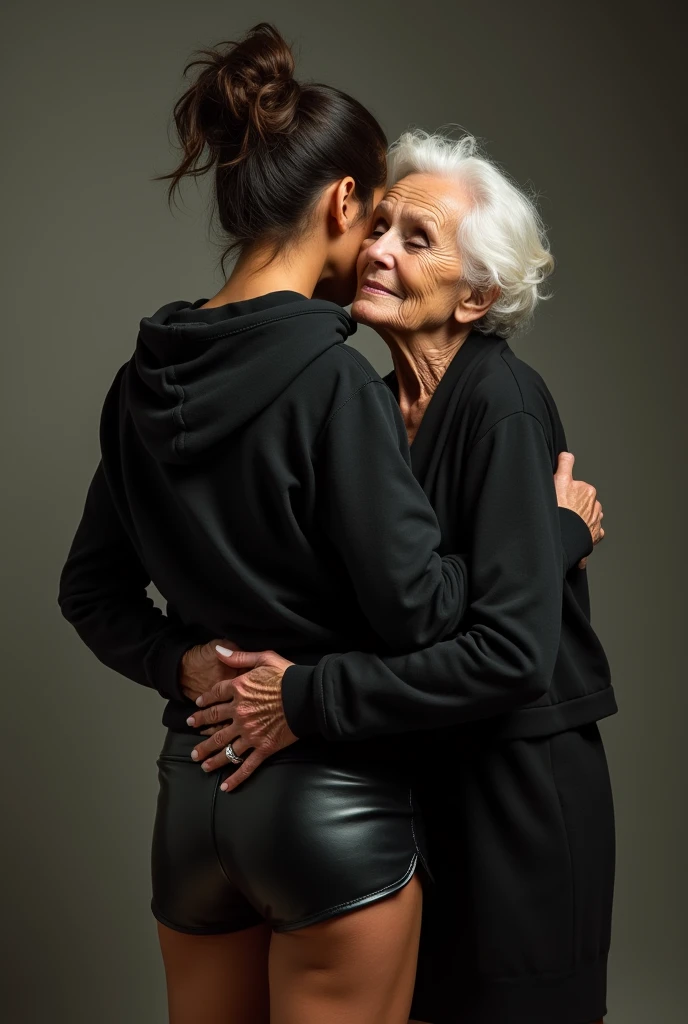 black woman hair in a bun black hoodie black leather short shorts being fucked in the ass by a old grandma in a dress