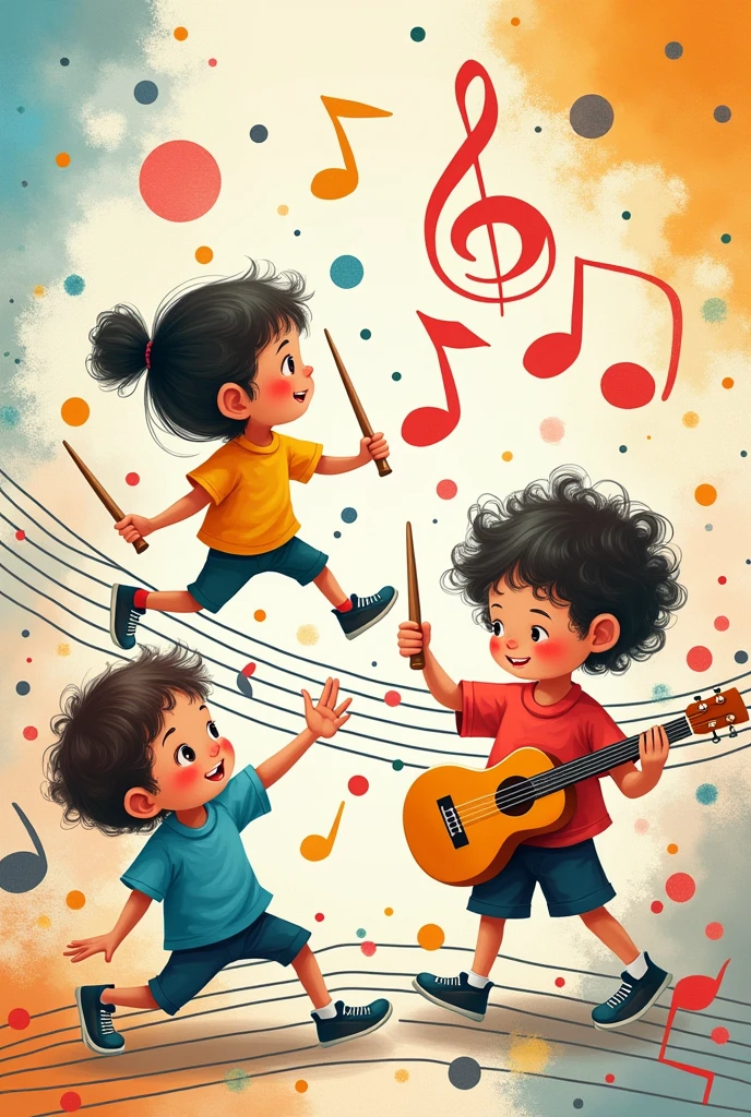 create an illustration of musical notes behaving like creative children