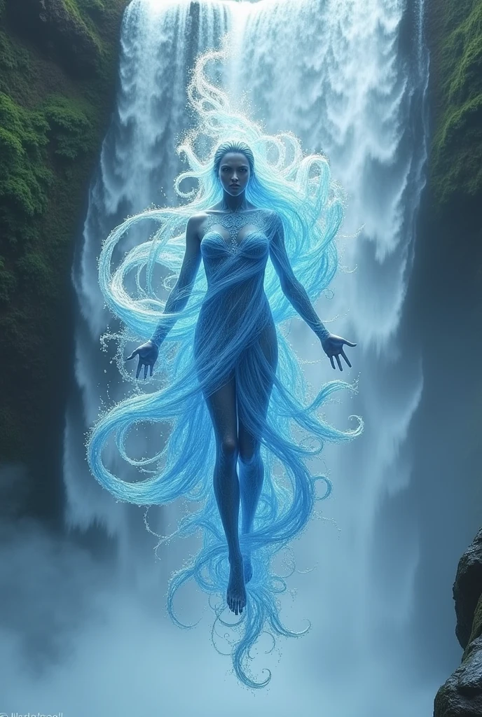 1 with water powers High resolution, floating in a waterfall , with water washing over your body , with clothes formed by water