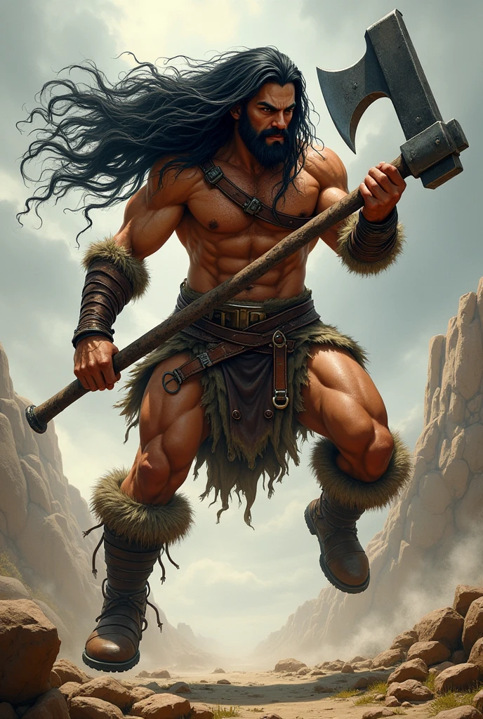 Master Piece, best quality, (extremely detailed CG unity 8k wallpaper), (best quality) 8k detail. COMIC ART, a muscular man with long black hair in mid-jump holding a large axe in his left hand, he has leather shoes, leather wrist bands, leather belt with fur lion-cloth, angry male barbarian, conan the barbarian illustration, frank frazetta style, barbarian warrior, inspired by Frank Frazetta, male warrior, conan, barbarian class, picture of an adult male warrior, frank frazetta manga style, He is a handsome man.