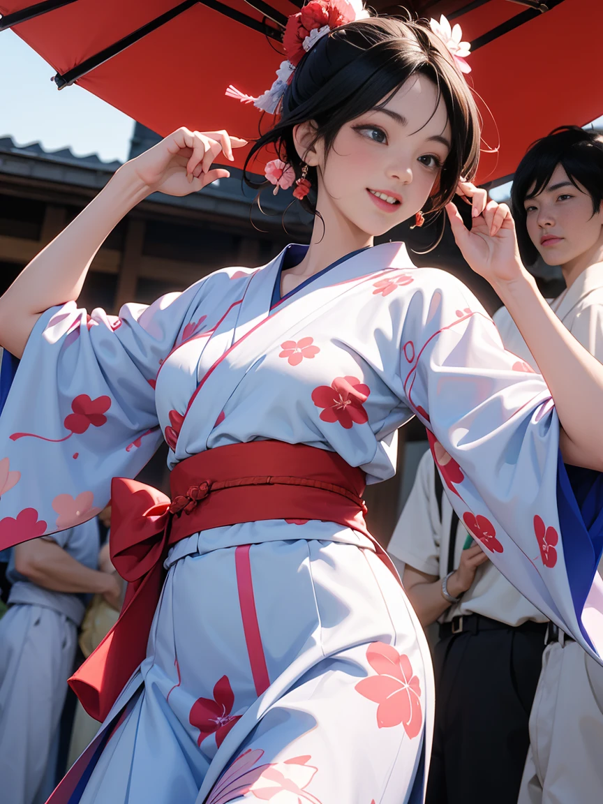 (Japan Bon Odori,最高masterpiece,Highest quality), Hot August,Bright vibrant anime art,People of all ages and genders dance and dance, Dancing in yukata,Dancing with laughter, Men and women, let's dance in a circle, dancing hero,Laugh Laugh,Dance Dance,Fun full-body style,Dancing in the square,Park Square,masterpiece,Highest quality,