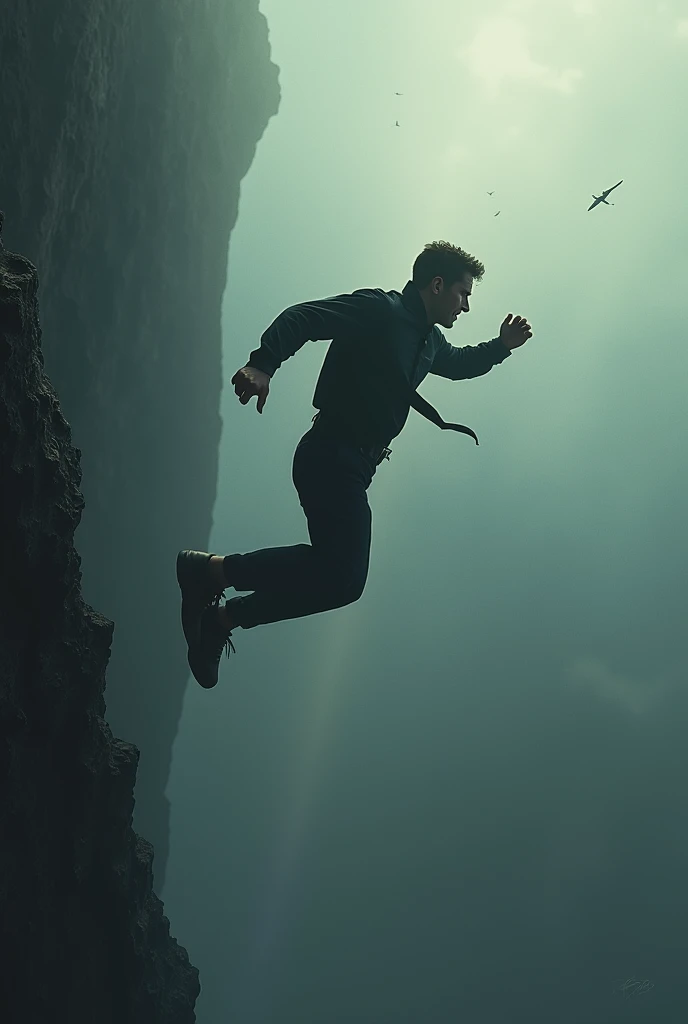 A man seen from the side falling, desperate, image seen from afar