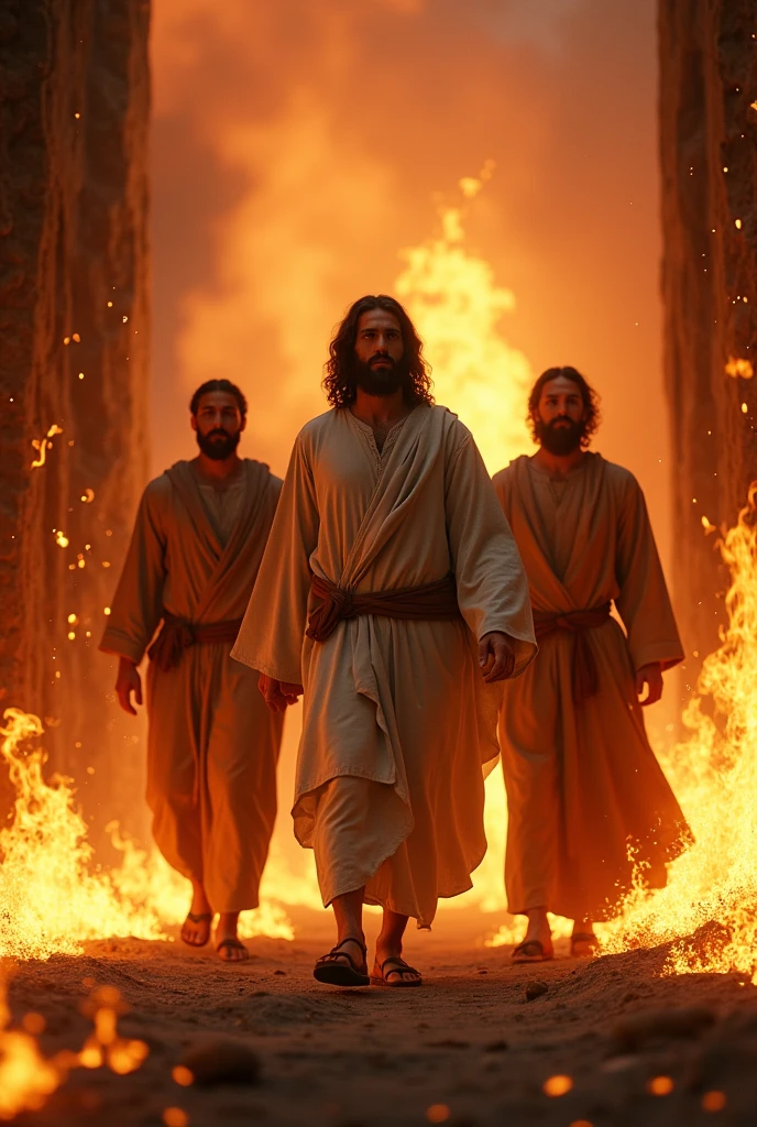Jesus and three other men walking inside a fiery furnace
