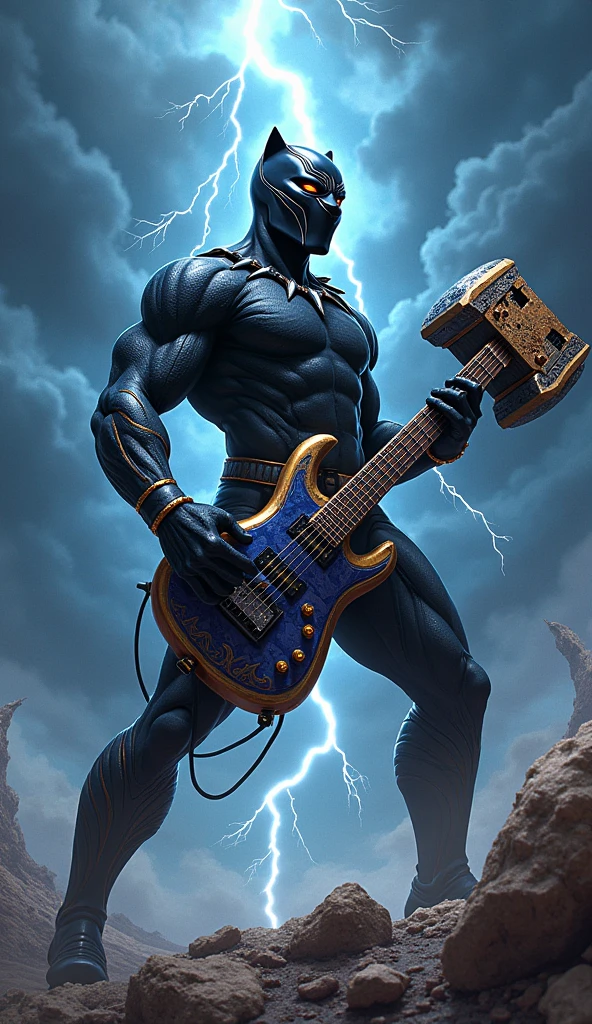 Rock Black Panther marvel with hammer shaped guitar with thunder in the background and a very rock vibes.