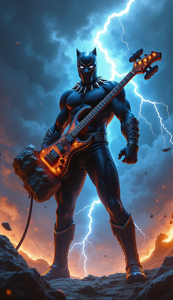 Rock Black Panther marvel with hammer shaped guitar with thunder in the background and a very rock vibes.