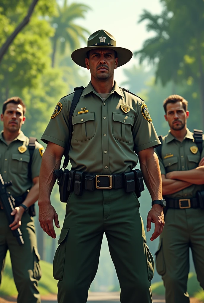 I need a picture of a park ranger with a belt that is a bomb around his stomach and some scared policemen next to him in the style of GTA