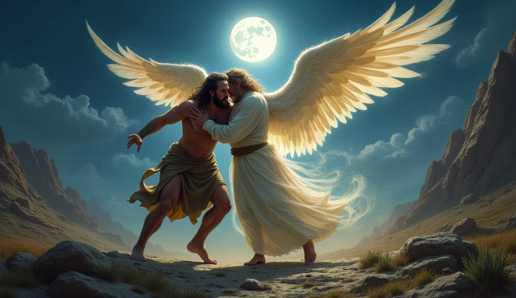 depicting the dramatic encounter between Jacob and the Angel. It captures the intense struggle under the moonlit night.