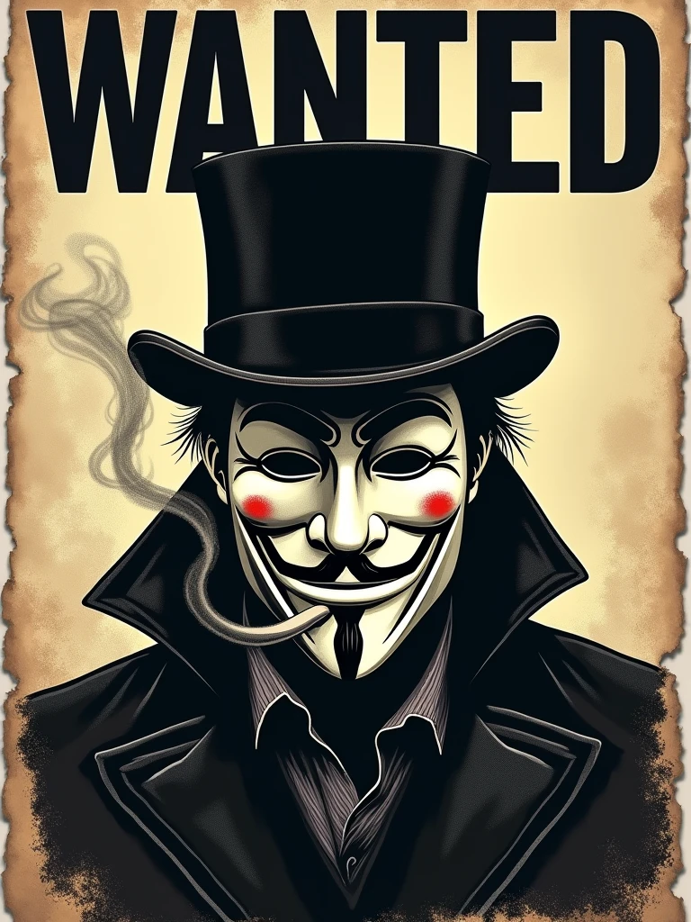 A handbill of a man wearing a Guy Fawkes mask,a top hat while smoking, and it says WANTED