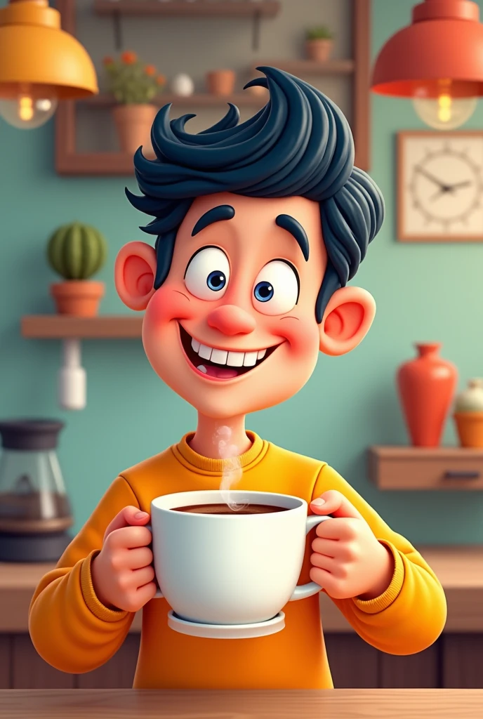 A human drinking a cup of coffee with life in cartoon style