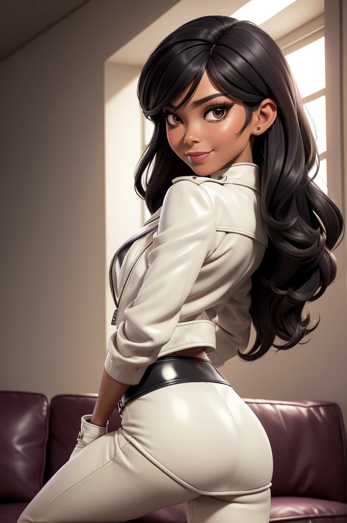 obra prima, melhor qualidade, ((only one woman,)) ((cheryl song from soul train, 75 years, asian face, dark tan skin, straight black hair with bangs, heavy vamp makeup eye shadow, deep dimples, square smile,)) (((wearing thigh length cream white metallic leather jacket,))) (((jacket is zipped up, jacket covers waist and ass,))) ((jacket has stiff high collar,)) ((leather mini skirt, pussy visible,)) (leather gloves,) body is very skinny, (((behind couch,))) ((her arms are folded, her back is arched, her shoulders lean way back, head tilted way back,)) ((camera front view of body, extreme closeup view of upper body,)) shallow depth of field, highres, HD, 8k, anatomically correct