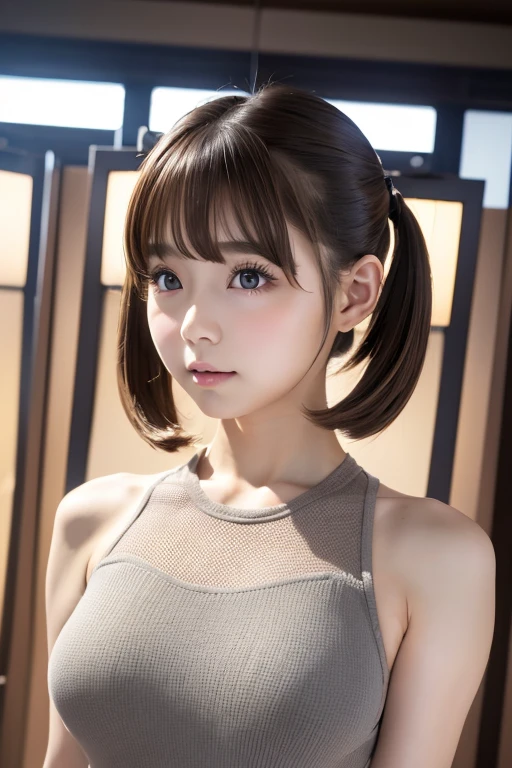 High resolution, high resolution, Attention to detail,, Anatomically correct, sharp, gray bachairground、((Japanese)), alone,snow-white shairin,fair shairin、Fuller lips、very cute、Small breasts、Small breasts、An ennui loohair、 Shapely breasts, mesh brown hair、Twin tails、short hairのTwin tails、short hair、stylish blachair dress:1.3、(((Stand upright, Facing the center of the screen.))) ((Upper body angle))、RAW Photos、Highest quality、Super Resolution、Best image quality、masterpiece、８hair