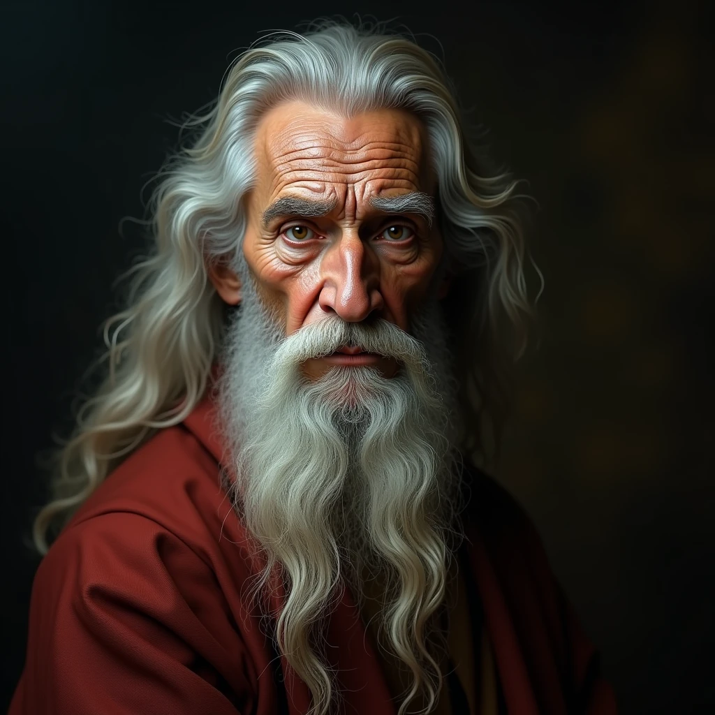 a realistic portrait front view of an elderly Leonardo Da Vinci looking straight ahead, with long beard, with long hair, cinematic scene, (best quality,4k,8k,highres,masterpiece:1.2),ultra-detailed,(realistic,photorealistic,photo-realistic:1.37),dramatic lighting,chiaroscuro,dramatic pose,expressive face,penetrating gaze,wrinkled skin,textured clothing,renaissance era,classical painting