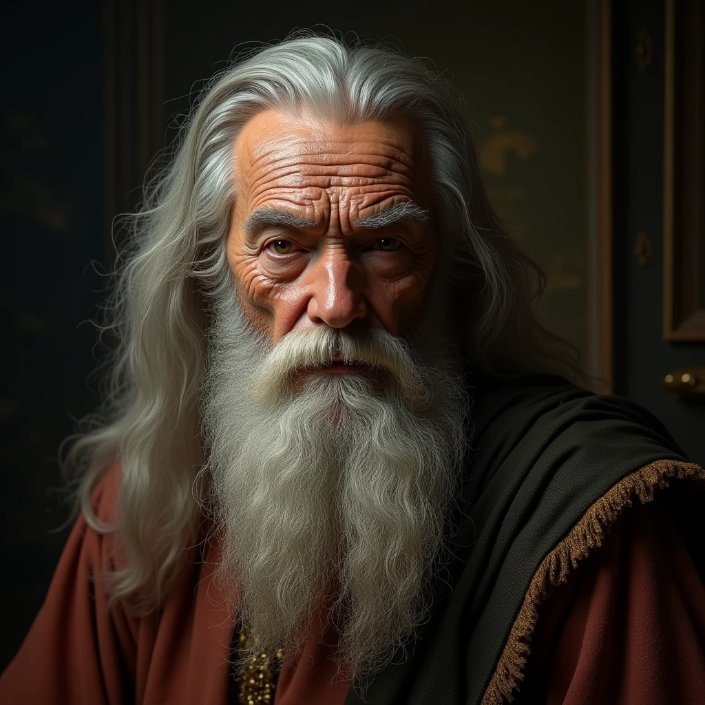 a realistic portrait front view of an elderly Leonardo Da Vinci looking straight ahead, with long beard, with long hair, cinematic scene, (best quality,4k,8k,highres,masterpiece:1.2),ultra-detailed,(realistic,photorealistic,photo-realistic:1.37),dramatic lighting,chiaroscuro,dramatic pose,expressive face,penetrating gaze,wrinkled skin,textured clothing,renaissance era,classical painting