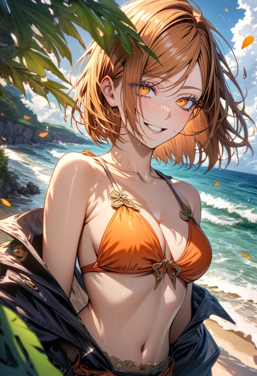 Ultra detailed, Highres, absurdres, HDR, master piece, Kugisaki Nobara, ginger hair, short hair, expressive orange eyes, Jujutsu Kaisen, woman, extremely beautiful, solo, beach, orange bikini, water, glittering, petals, fantasy, magical, smiling, green leaves