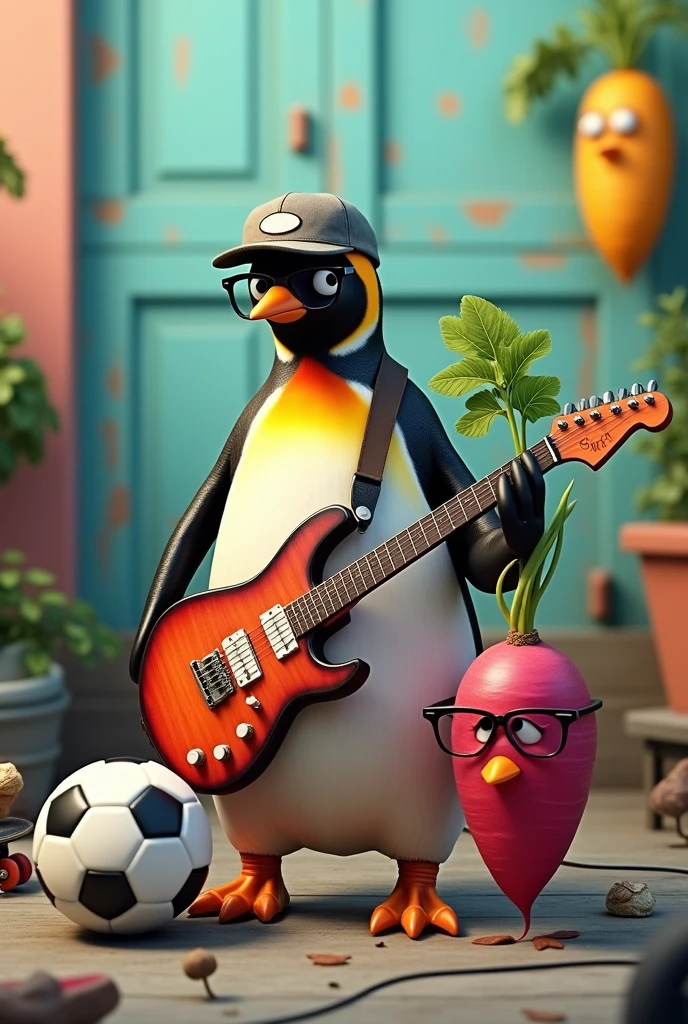 penguin with his electric guitar and a soccer ball and his skateboard with his friend the radish with glasses and a cap