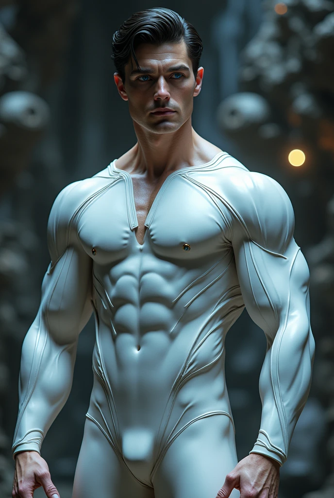 Full full body photorealistic An Alien handsome hunky masculine man from Krypton. Dark hair , Super duper Athletic body. translucent blue eyes and prominent cheekbones. Wearing a form-fitting white biomorphic bodysuit. Futuristic Kryptonian background. intricate details, beautifully shot, hyperrealistic, sharp focus, 64 megapixels, perfect composition, high contrast, cinematic, atmospheric