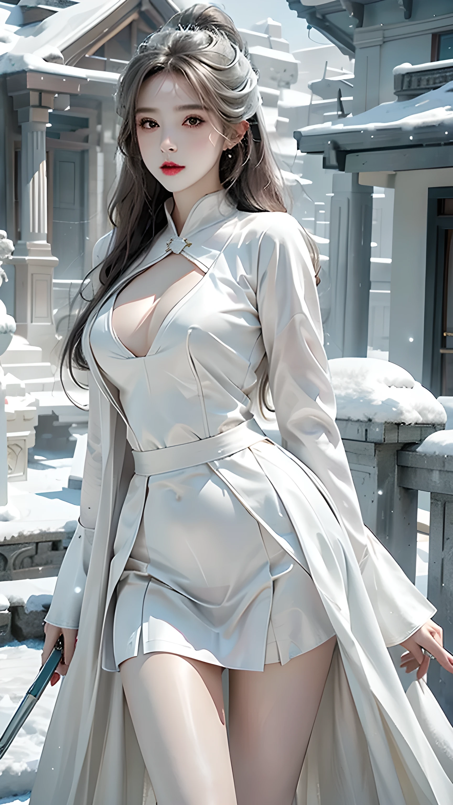 Reality, high resolution, Soft Light,1 female, Solitary, Hips up, Shiny skin, (Delicate face), Tattoo, white plush coat）），(Bright ta costume)，(Short skirt)，（Blizzard：1.5，snow