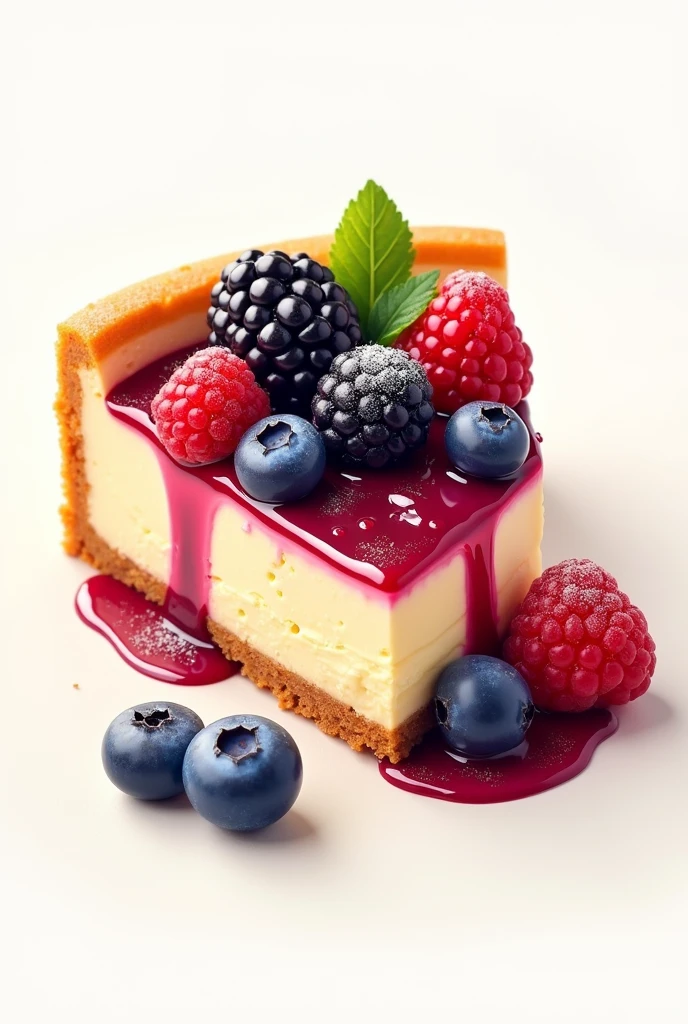 Cheesecake pastry logo with blackberries, blueberries and raspberries, one slice with decoration