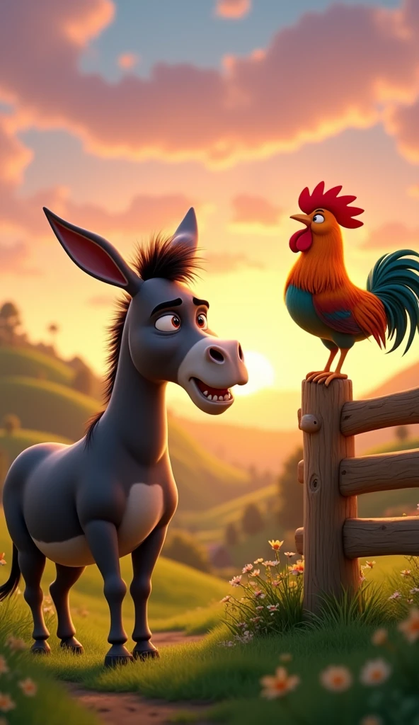 Draw a scene of an angry donkey arguing with a rooster with orange, green and blue plumage on a very pretty farm at dawn. The donkey should have an angry facial expression. The rooster should be very calm, standing on a wooden fence, with its colorful feathers standing out in the design. The farm should be picturesque and detailed, with green fields and a sunrise sky with soft shades of orange and pink, in Pixar style