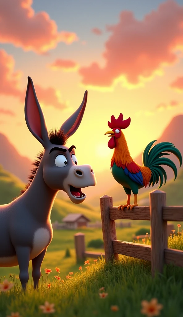 Draw a scene of an angry donkey arguing with a rooster with orange, green and blue plumage on a very pretty farm at dawn. The donkey should have an angry facial expression. The rooster should be very calm, standing on a wooden fence, with its colorful feathers standing out in the design. The farm should be picturesque and detailed, with green fields and a sunrise sky with soft shades of orange and pink, in Pixar style