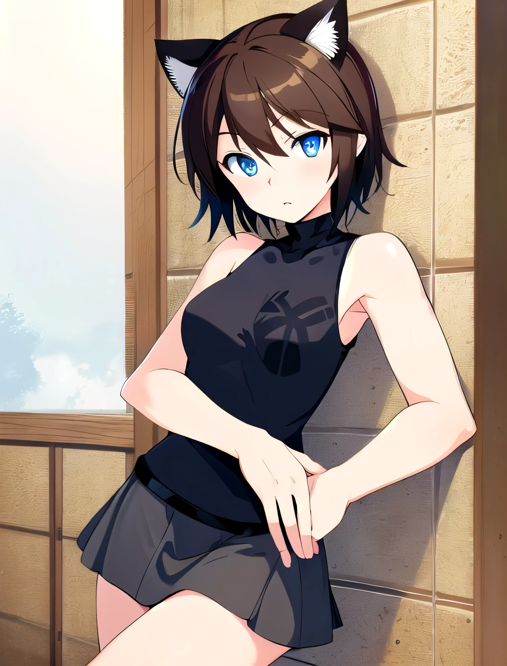 Highest quality, masterpiece, High resolution, detailed, Digital Art, Helga Haruka, blue eyes, Brown Hair, short hair,Cat ear, Black sweater, Sleeveless turtleneck, Checked skirt, court, Contempt,Cat ear