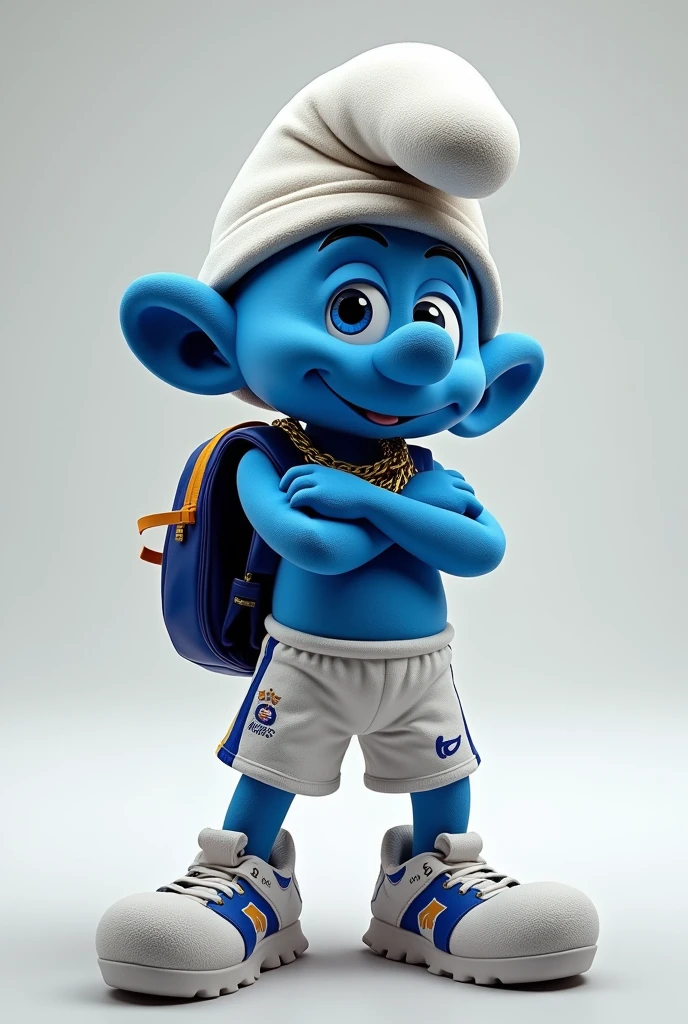 Create smurf mascot image, in the cool style with a gold chain around the neck, backpack on back, with futsal player shorts, with arms crossed.