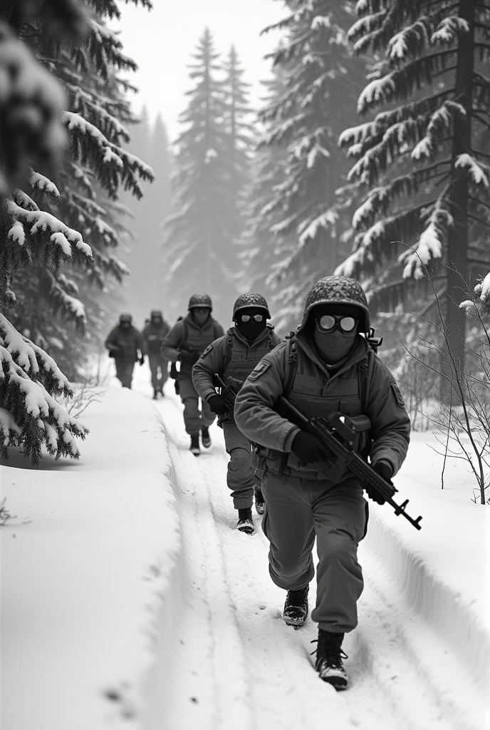 take a photograph of soldiers behind trees/conifers being mobilized sneakly, in snow suits, winter glasses, masked and wearing helmets, bad quality, panoramic view, 1950s, black and white, sneakily photo